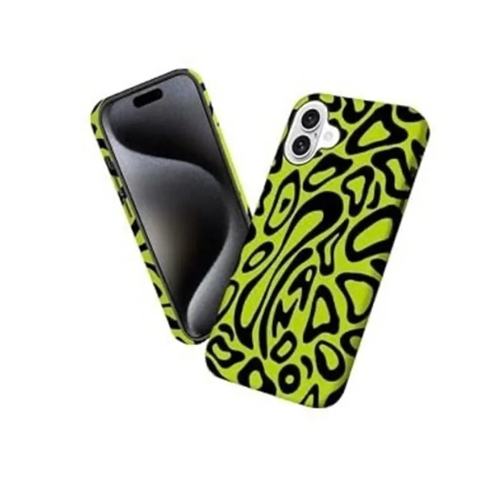 iPhone 16 Case Neon Green Black Abstract Pattern Slim Protective Cover New